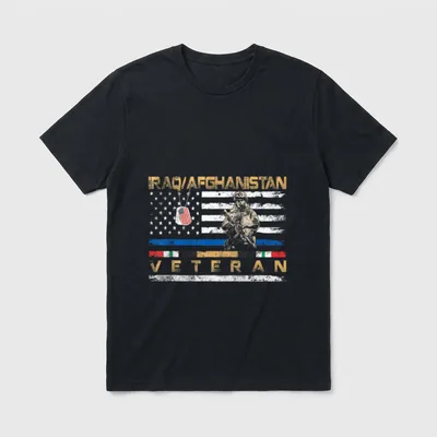 Vintage Veteran Flag T-Shirt – IRAQ/AFGHANISTAN and VETERAN text with soldier and flag – Classic T-Shirt in Black