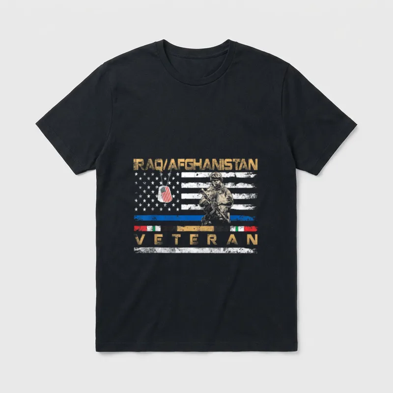 Vintage Veteran Flag T-Shirt – IRAQ/AFGHANISTAN and VETERAN text with soldier and flag – Classic T-Shirt in Black