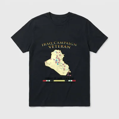 Military Iraq Service T-Shirt – Iraq map with bases and service statement in gold text – Classic T-Shirt in Black