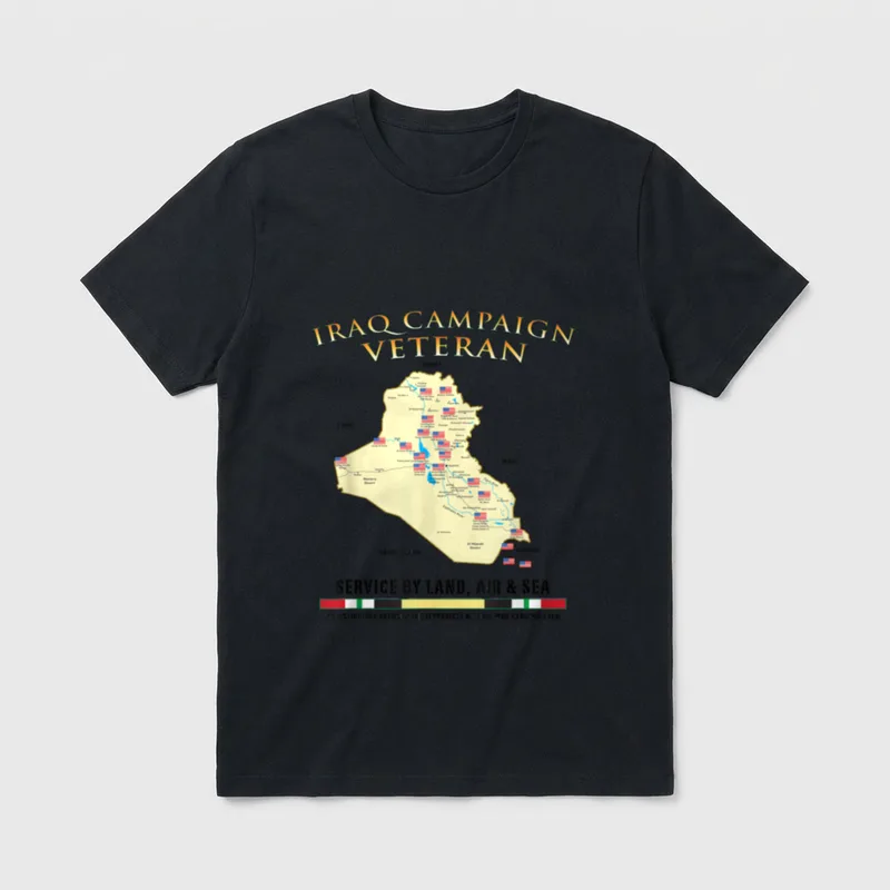 Military Iraq Service T-Shirt – Iraq map with bases and service statement in gold text – Classic T-Shirt in Black