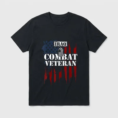 Iraq War Veteran Sayings T-Shirt – IRAQ COMBAT VETERAN in white letters with American flag – Classic T-Shirt in Black
