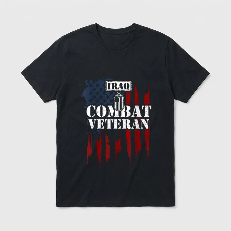 Iraq War Veteran Sayings T-Shirt – IRAQ COMBAT VETERAN in white letters with American flag – Classic T-Shirt in Black