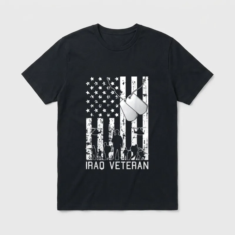 Army Soldier Dog Tag T-Shirt – Dog tags and text reading Iraq Veteran with soldiers and flag – Classic T-Shirt in Black
