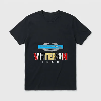 Iraq Veteran with CIB T-Shirt – VETERAN text in Iraqi flag colors with a rifle and laurel emblem – Classic T-Shirt in Black