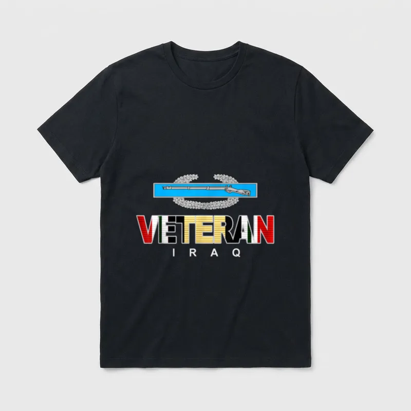 Iraq Veteran with CIB T-Shirt – VETERAN text in Iraqi flag colors with a rifle and laurel emblem – Classic T-Shirt in Black