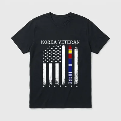 Korea Vet Flag T-Shirt – KOREA VETERAN text with American flag merged with Korean flag stripes – Classic T-Shirt in Black