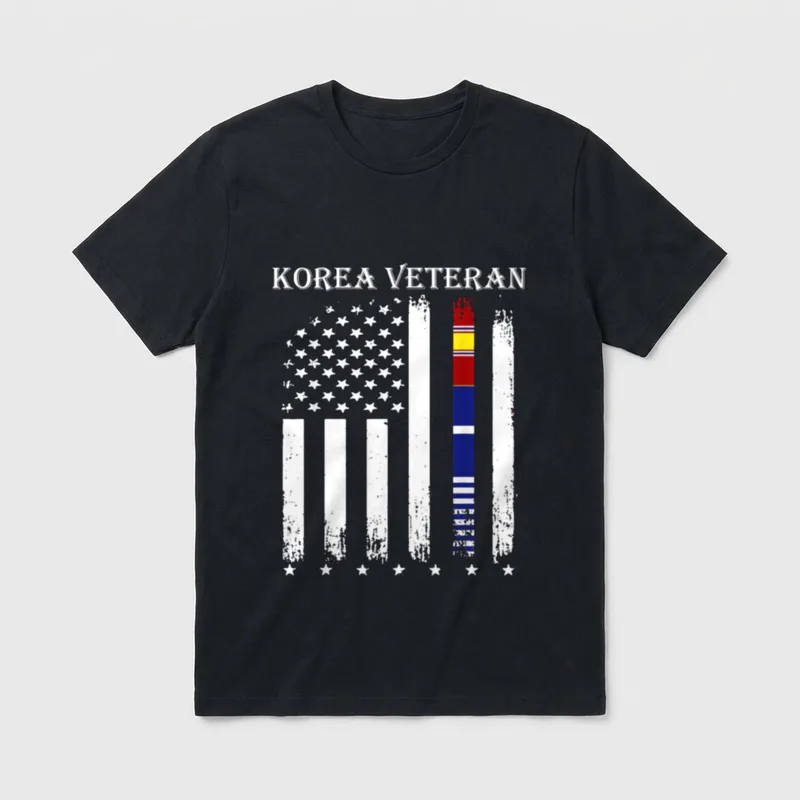Korea Vet Flag T-Shirt – KOREA VETERAN text with American flag merged with Korean flag stripes – Classic T-Shirt in Black