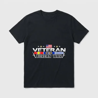Korea Veteran Flag T-Shirt – "VETERAN OF THE KOREAN WAR" with American flag and service ribbons – Classic T-Shirt in Black