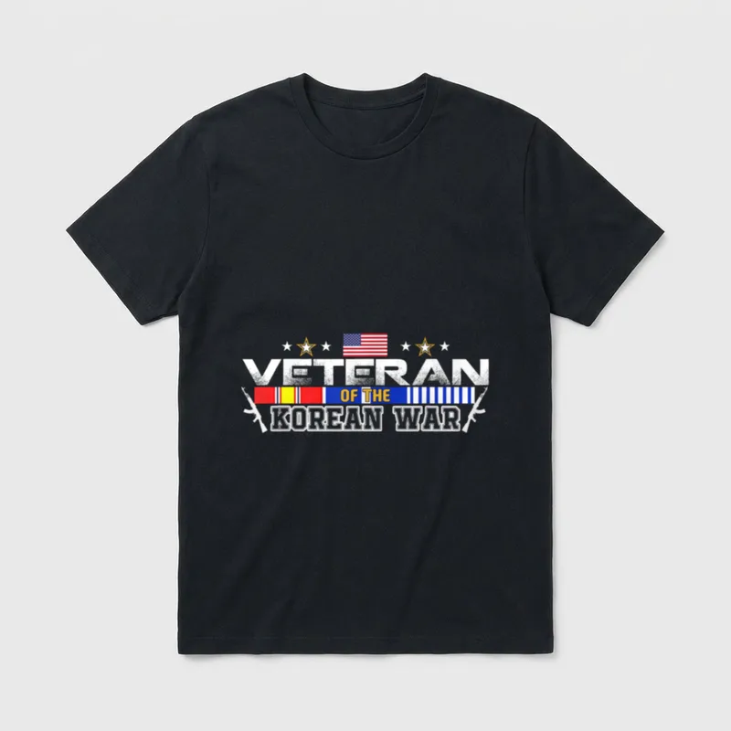Korea Veteran Flag T-Shirt – "VETERAN OF THE KOREAN WAR" with American flag and service ribbons – Classic T-Shirt in Black