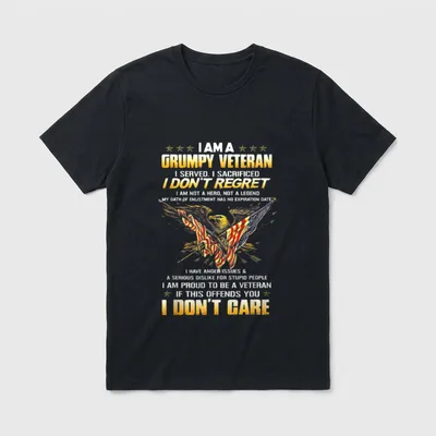 Grumpy Veteran T-Shirt – I AM A GRUMPY VETERAN with service message and eagle with flags – Classic T-Shirt in Black