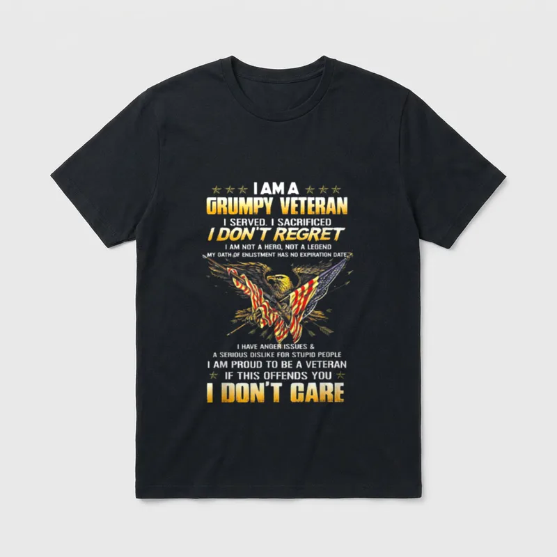Grumpy Veteran T-Shirt – I AM A GRUMPY VETERAN with service message and eagle with flags – Classic T-Shirt in Black