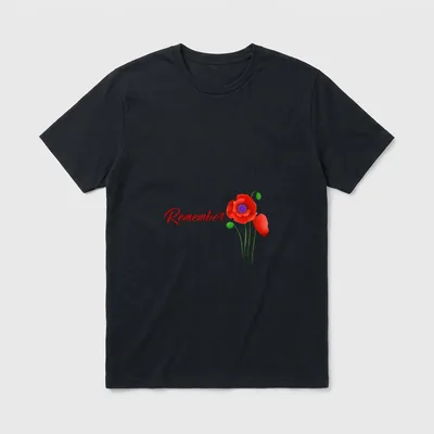 Red Poppy Veterans Day T-Shirt – Remember text with red poppy flowers and green stems – Classic T-Shirt in Black