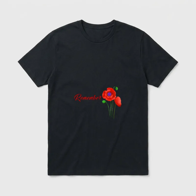 Red Poppy Veterans Day T-Shirt – Remember text with red poppy flowers and green stems – Classic T-Shirt in Black