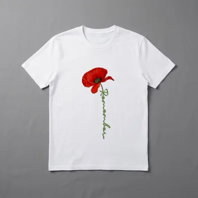Red Poppy Veterans T-Shirt – Red poppy flower with Remember text in green script along the stem – Classic T-Shirt in Black