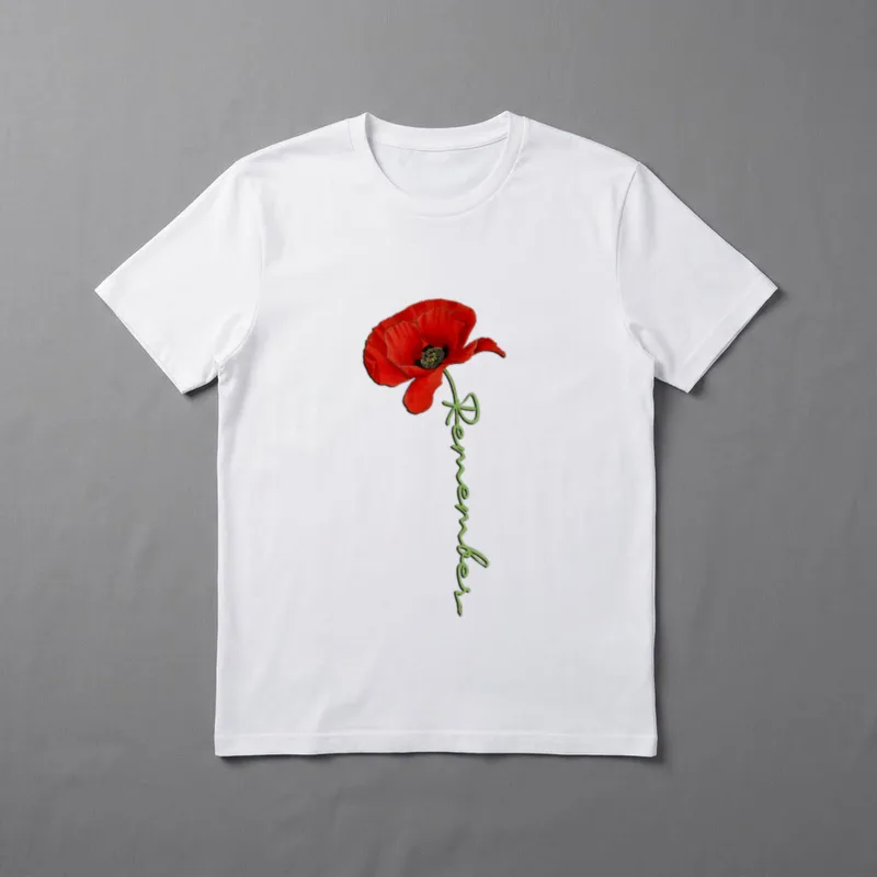 Red Poppy Veterans T-Shirt – Red poppy flower with Remember text in green script along the stem – Classic T-Shirt in Black