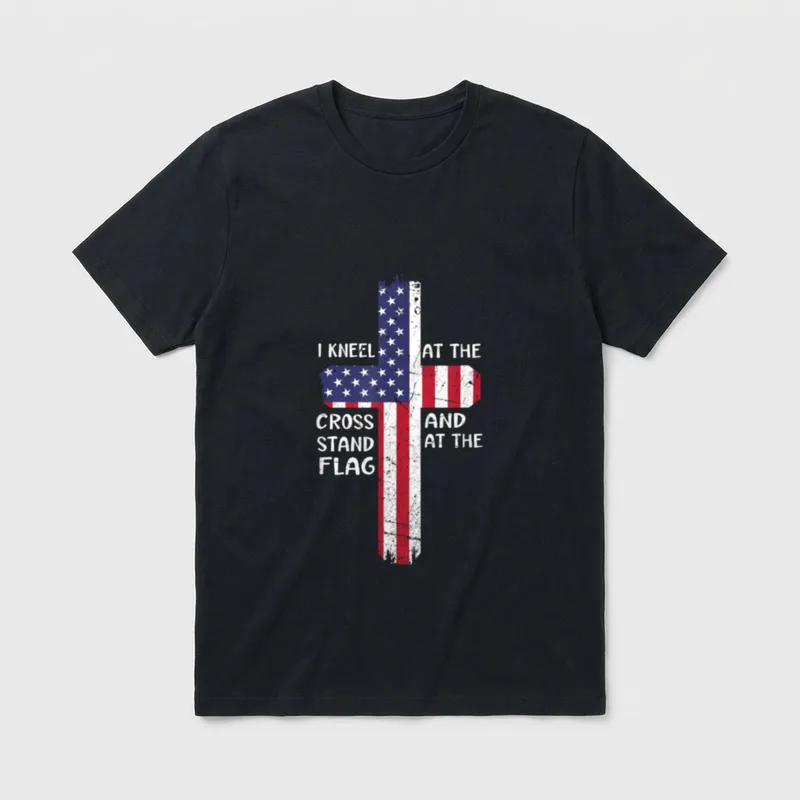 Never Forget Veteran Tribute T-Shirt – I KNEEL AT THE CROSS AND STAND AT THE FLAG – Classic T-Shirt in Black
