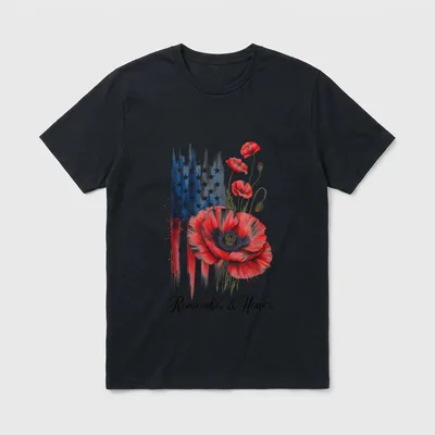 Veterans Day USA Memorial T-Shirt – Remember & Honor text with American flag and red poppies – Classic T-Shirt in Black