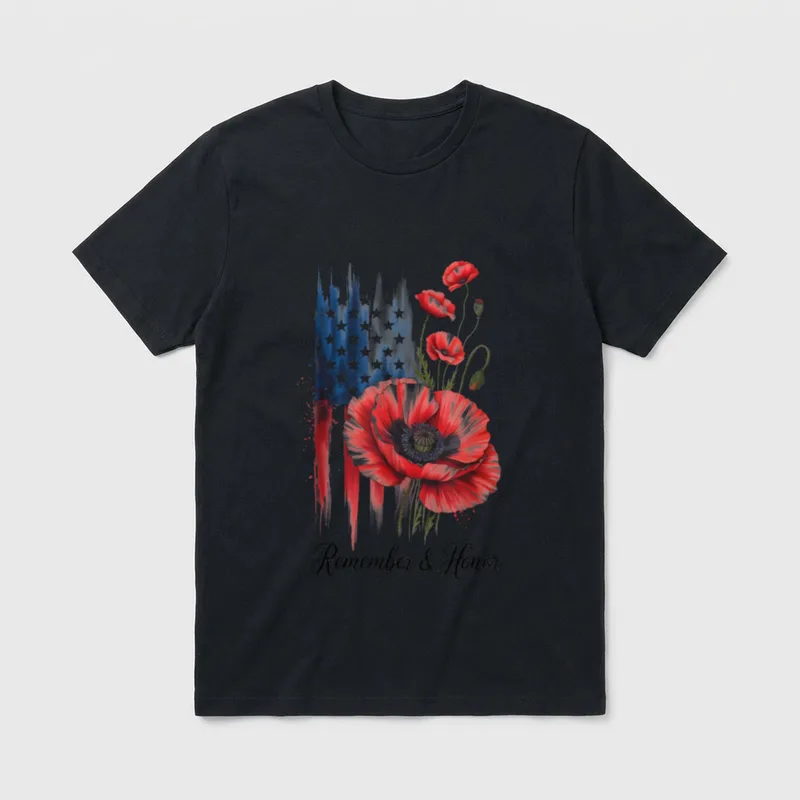 Veterans Day USA Memorial T-Shirt – Remember & Honor text with American flag and red poppies – Classic T-Shirt in Black