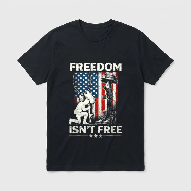 Freedom Not Free Veteran T-Shirt – FREEDOM ISN'T FREE text with veteran memorial imagery – Classic T-Shirt in Black