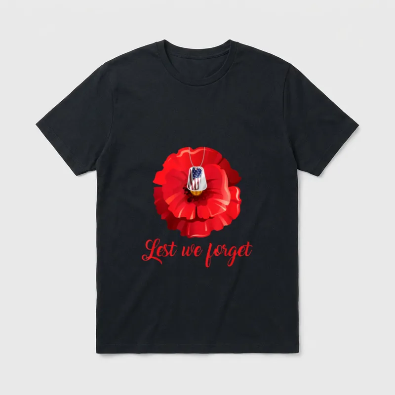 Veterans Day Lest T-Shirt – Red poppy flower with military dog tag and "Lest we forget" text – Classic T-Shirt in Black