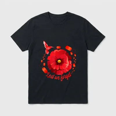 USA Veterans Honor T-Shirt – Red poppy flower with hummingbird and "lest we forget" text – Classic T-Shirt in Black