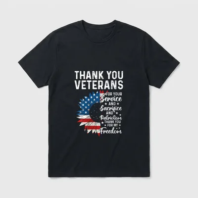 Women's Veterans Thank You T-Shirt – Thank you veterans text with patriotic sunflower – Classic T-Shirt in Black