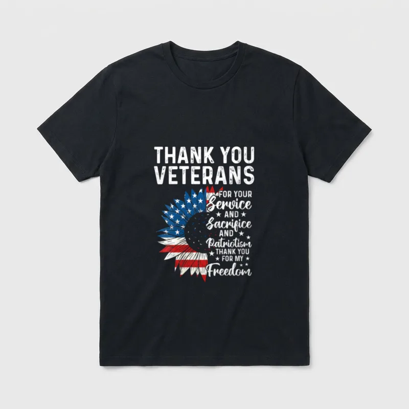 Women's Veterans Thank You T-Shirt – Thank you veterans text with patriotic sunflower – Classic T-Shirt in Black