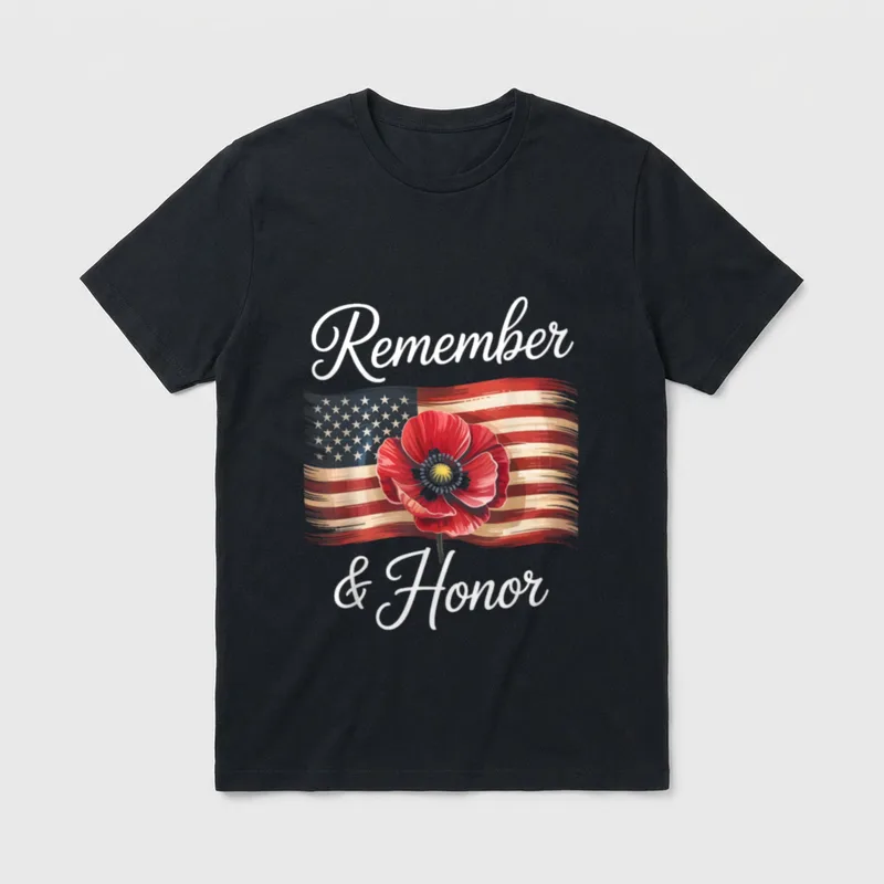 Military Memorial Day T-Shirt – Remember & Honor text with red poppy on American flag – Classic T-Shirt in Black