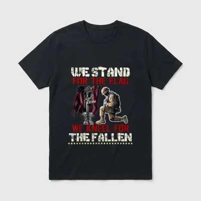 Fallen Veteran Tribute T-Shirt – WE STAND FOR THE FLAG AND WE KNEEL FOR THE FALLEN – Classic T-Shirt in Black