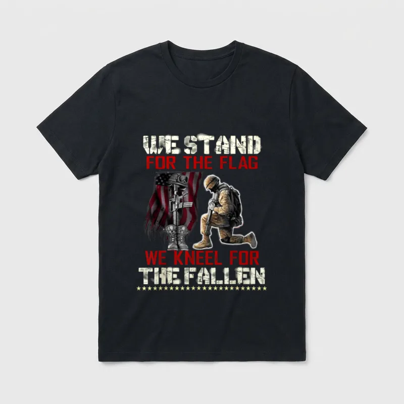 Fallen Veteran Tribute T-Shirt – WE STAND FOR THE FLAG AND WE KNEEL FOR THE FALLEN – Classic T-Shirt in Black