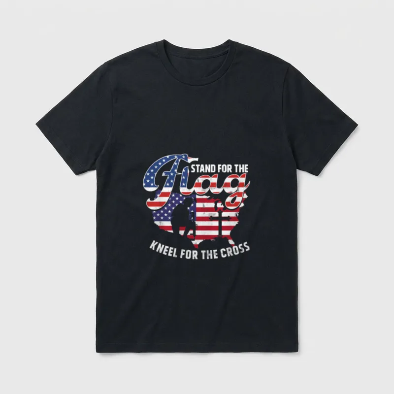 Fallen Veteran Memorial T-Shirt – Stand For The Flag Kneel For The Cross text over USA map – Classic T-Shirt in Black