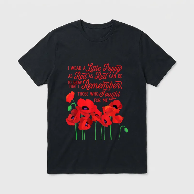 Remembrance Poppy Flower T-Shirt – Red poppies with green stems and script text about remembrance – Classic T-Shirt in Black