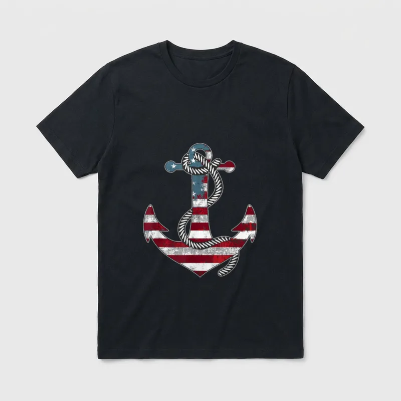 Patriotic Anchor Memorial Day T-Shirt – Anchor with American flag colors and nautical rope – Classic T-Shirt in Black