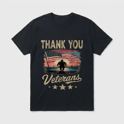 US Veterans Day Patriotic T-Shirt – THANK YOU Veterans with soldier and flag silhouette – Classic T-Shirt in Black