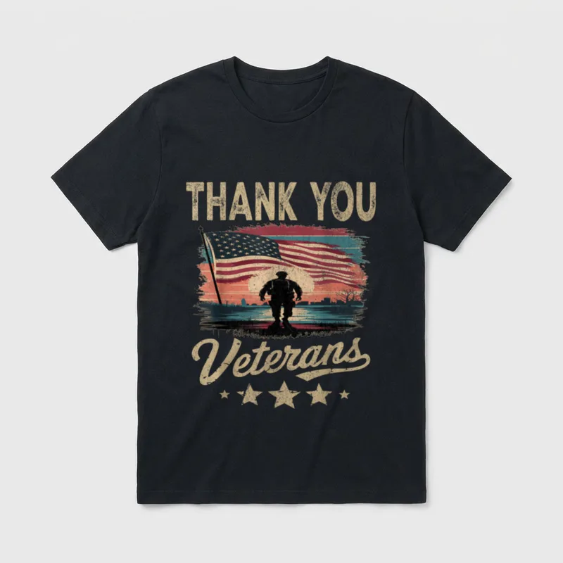 US Veterans Day Patriotic T-Shirt – THANK YOU Veterans with soldier and flag silhouette – Classic T-Shirt in Black