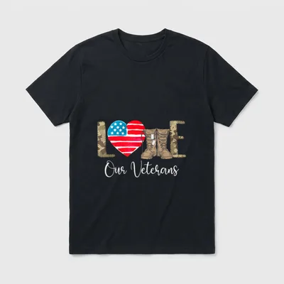 Love Our Veterans T-Shirt – Our Veterans in script with patriotic symbols – Classic T-Shirt in Black