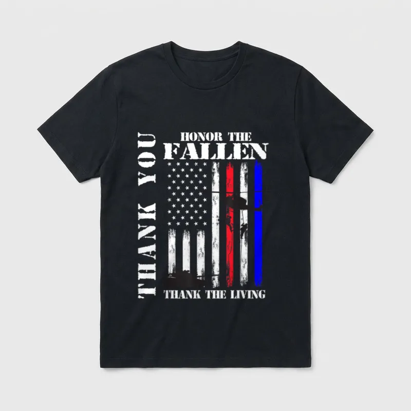 Honor The Fallen Thank T-Shirt – Honor The Fallen Thank The Living text with military silhouettes – Classic T-Shirt in Black