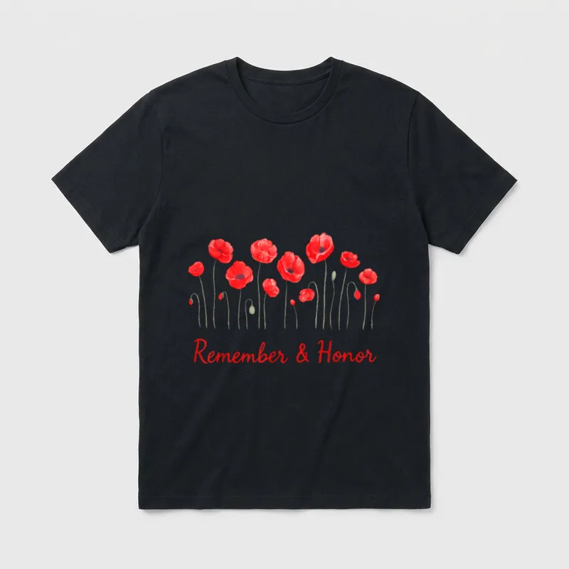 Poppy Flower Memorial Day T-Shirt – Red poppies and the text Remember & Honor – Classic T-Shirt in Black