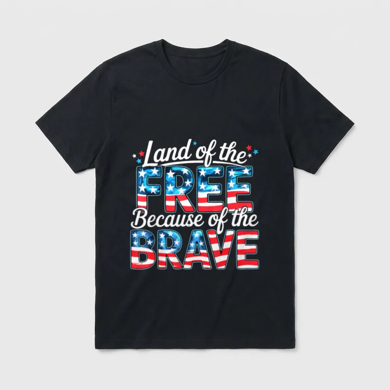 Patriotic Veteran Memorial T-Shirt – Land of the FREE Because of the BRAVE in flag-filled letters – Classic T-Shirt in Black