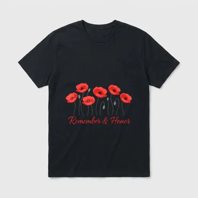 Honor And Remember Veteran T-Shirt – Six red poppies above the text 'Remember & Honor' – Classic T-Shirt in Black