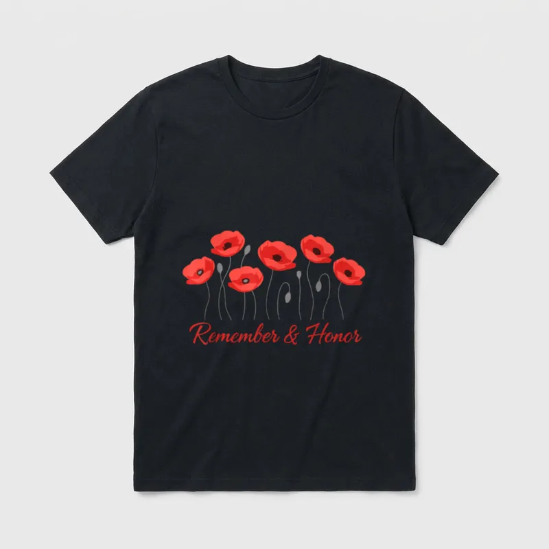 Honor And Remember Veteran T-Shirt – Six red poppies above the text 'Remember & Honor' – Classic T-Shirt in Black