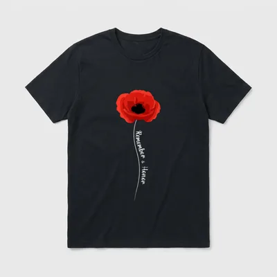 Remembrance Veterans Day Poppy T-Shirt – Red poppy flower with "Remember & Honor" text on stem – Classic T-Shirt in Black