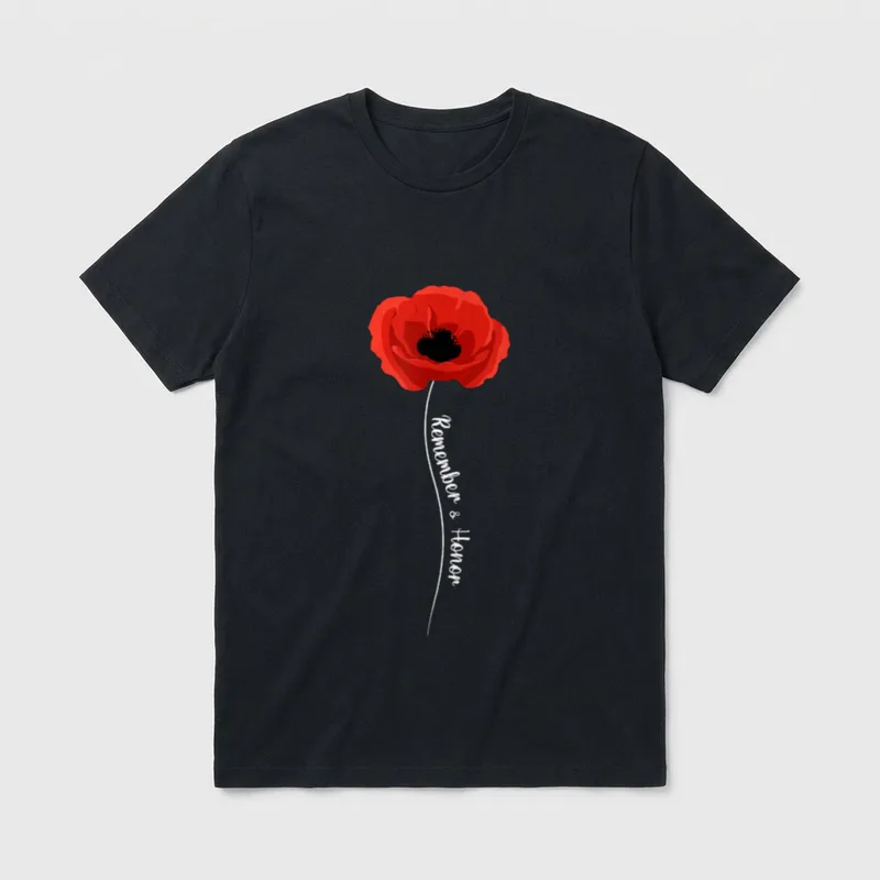 Remembrance Veterans Day Poppy T-Shirt – Red poppy flower with "Remember & Honor" text on stem – Classic T-Shirt in Black