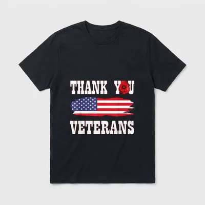 American Flag Red Poppy T-Shirt – THANK YOU VETERANS text with red poppy and American flag – Classic T-Shirt in Black