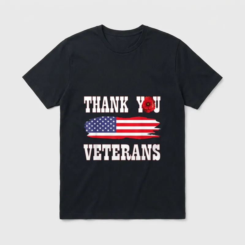 American Flag Red Poppy T-Shirt – THANK YOU VETERANS text with red poppy and American flag – Classic T-Shirt in Black