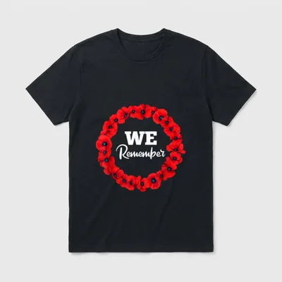 We Remember Memorial Day Red Poppy T-Shirt – WE Remember text surrounded by red poppy wreath – Classic T-Shirt in Black