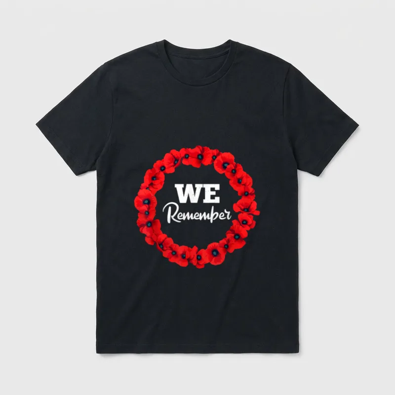 We Remember Memorial Day Red Poppy T-Shirt – WE Remember text surrounded by red poppy wreath – Classic T-Shirt in Black