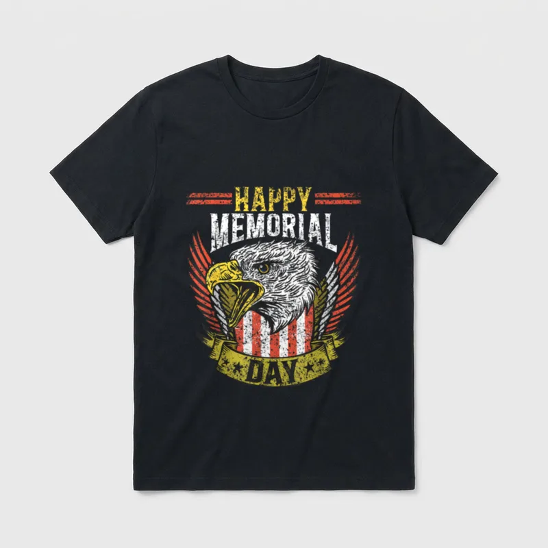 Happy Memorial Day Veteran Combat Military T-Shirt – HAPPY MEMORIAL DAY text with eagle and shield – Classic T-Shirt in Black