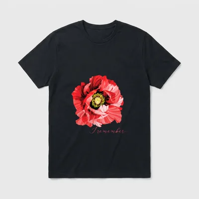 Veterans Day Flanders Field T-Shirt – Red poppy illustration with cursive text I remember – Classic T-Shirt in Black