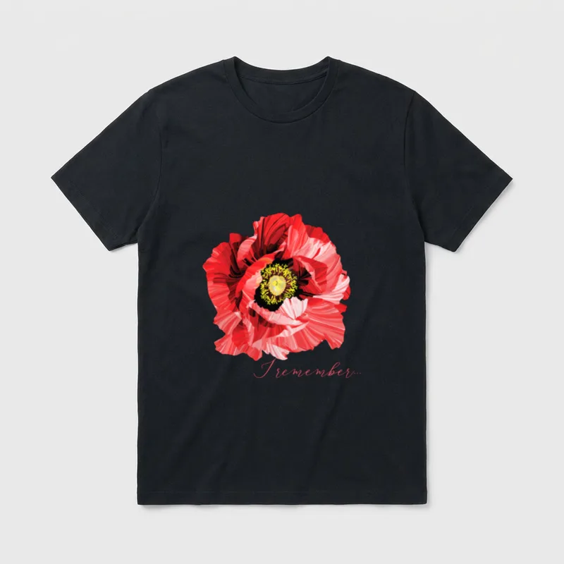 Veterans Day Flanders Field T-Shirt – Red poppy illustration with cursive text I remember – Classic T-Shirt in Black